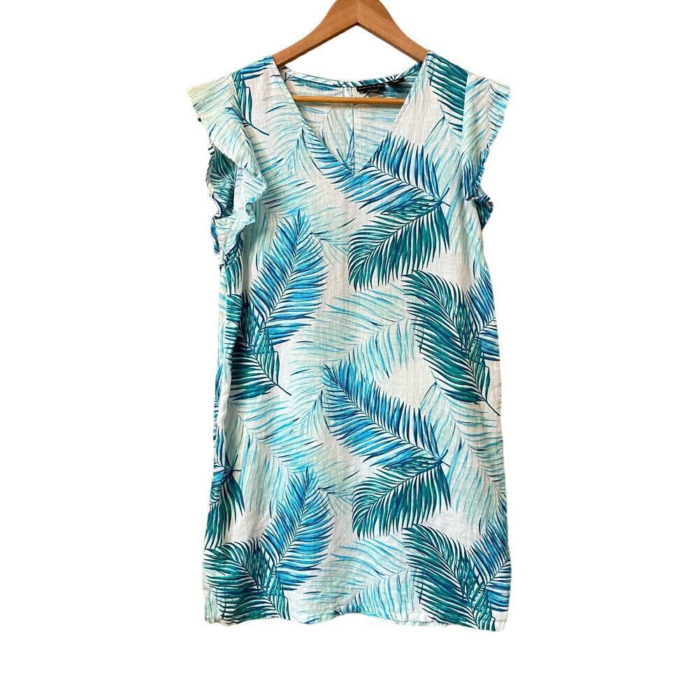 Tahari 100% Linen Palm Leaf Teal Short Dress Womens sz S Casual Tropical Relaxed - Picture 2 of 11